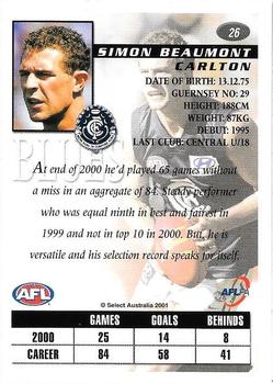 2001 Select AFL Authentic #26 Simon Beaumont Back